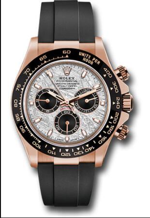 Replica Rolex Everose Gold Cosmograph Daytona 40 Watch 116515LN Meteroite and Black Index Dial Black Oysterflex Strap
